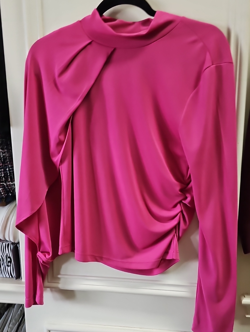 Zara Hot Pink Draped Mock-Neck Long Sleeve Blouse